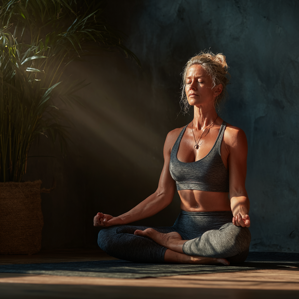 Peaceful middle-aged woman in her 40s practicing yoga meditation pose on a mat in a serene studio environment